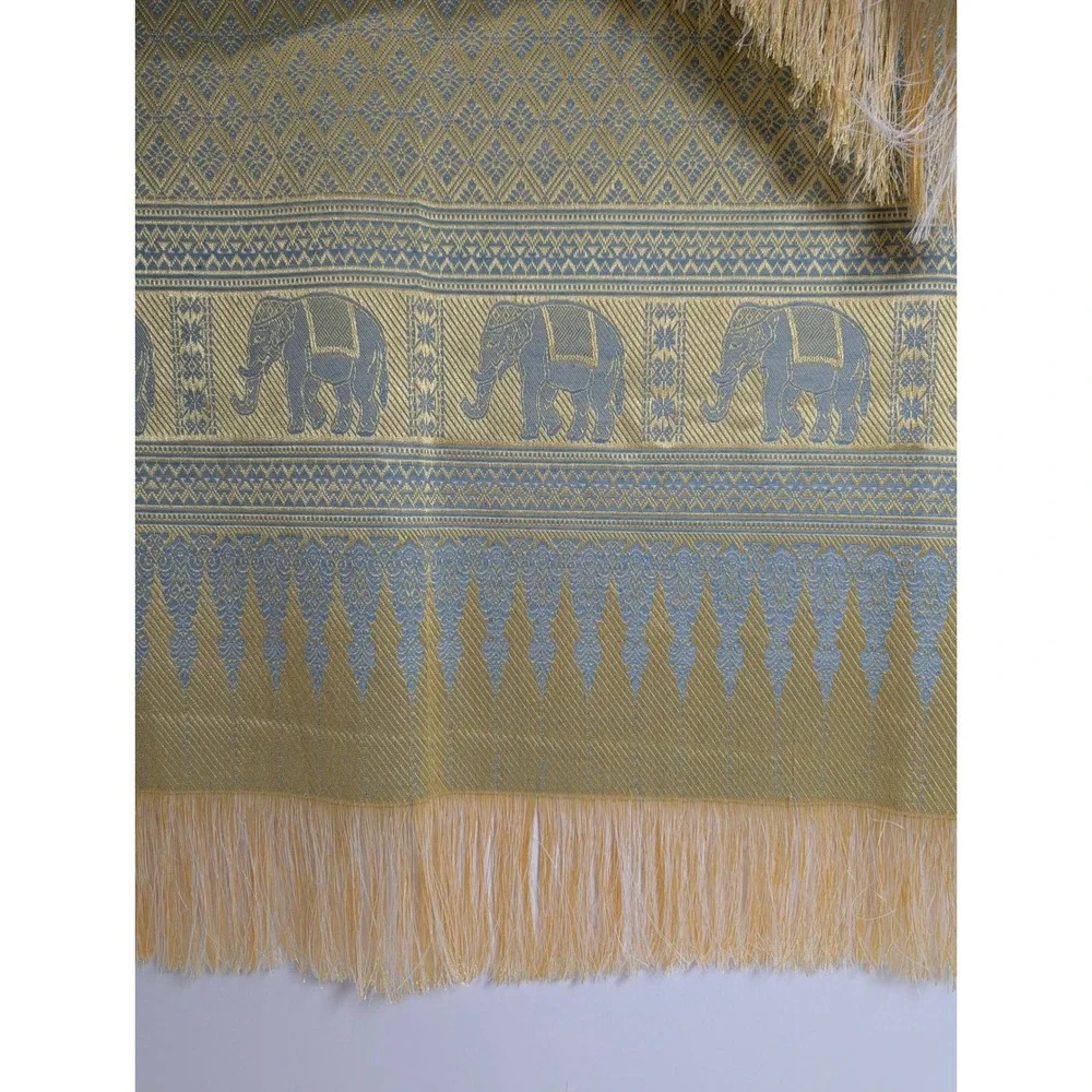 Handmade Thai Golden Elephant Blue & Gold Rectangle Tablecloth Fringe 40x78